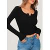 imagePRETTYGARDEN Womens 2025 Spring Long Sleeve Henley T Shirts Ribbed Knit Button Up Slim Fitted Basic Casual Going Out TopsBlack