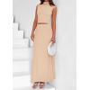 imagePRETTYGARDEN Womens Skirt Sets 2025 Summer Trendy 2 Piece Outfits Sleeveless Ruched Fitted Tops Ruffle Maxi SkirtsBeige