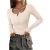imagePRETTYGARDEN Womens 2025 Spring Long Sleeve Henley T Shirts Ribbed Knit Button Up Slim Fitted Basic Casual Going Out TopsBeige