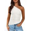 imagePRETTYGARDEN Womens 2025 Summer Y2K Tops Sleeveless One Shoulder Slim Fit Shirts Ruched Knit Asymmetrical Top BlouseBeige White