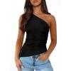 imagePRETTYGARDEN Womens 2025 Summer Y2K Tops Sleeveless One Shoulder Slim Fit Shirts Ruched Knit Asymmetrical Top BlouseBlack