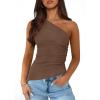 imagePRETTYGARDEN Womens 2025 Summer Y2K Tops Sleeveless One Shoulder Slim Fit Shirts Ruched Knit Asymmetrical Top BlouseCoffee