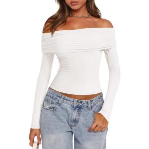 imagePRETTYGARDEN Off The Shoulder Top for Women 2025 Long Sleeve Shirts Trendy Going Out Crop Tops Spring Fashion ClothesBeige White