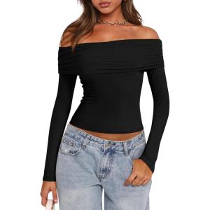 imagePRETTYGARDEN Off The Shoulder Top for Women 2025 Long Sleeve Shirts Trendy Going Out Crop Tops Spring Fashion ClothesBlack