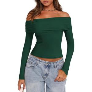 imagePRETTYGARDEN Off The Shoulder Top for Women 2025 Long Sleeve Shirts Trendy Going Out Crop Tops Spring Fashion ClothesDark Green