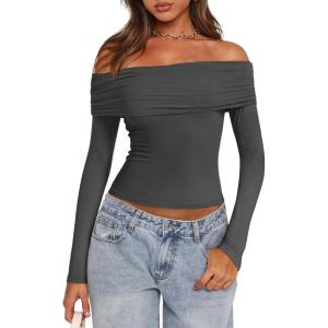 imagePRETTYGARDEN Off The Shoulder Top for Women 2025 Long Sleeve Shirts Trendy Going Out Crop Tops Spring Fashion ClothesDark Grey