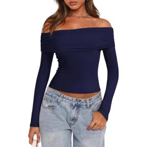 imagePRETTYGARDEN Off The Shoulder Top for Women 2025 Long Sleeve Shirts Trendy Going Out Crop Tops Spring Fashion ClothesNavy