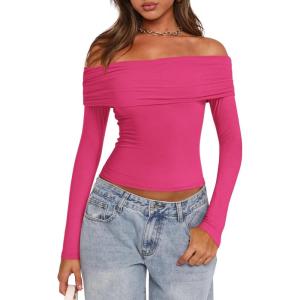 imagePRETTYGARDEN Off The Shoulder Top for Women 2025 Long Sleeve Shirts Trendy Going Out Crop Tops Spring Fashion ClothesRose Red