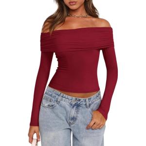 imagePRETTYGARDEN Off The Shoulder Top for Women 2025 Long Sleeve Shirts Trendy Going Out Crop Tops Spring Fashion ClothesWine Red