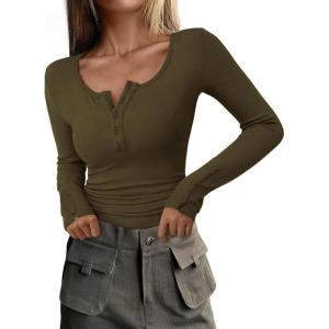 imagePRETTYGARDEN Womens 2025 Spring Long Sleeve Henley T Shirts Ribbed Knit Button Up Slim Fitted Basic Casual Going Out TopsArmy Green