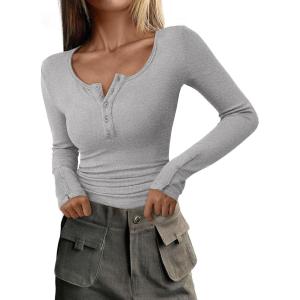 imagePRETTYGARDEN Womens 2025 Spring Long Sleeve Henley T Shirts Ribbed Knit Button Up Slim Fitted Basic Casual Going Out TopsGrey