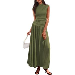 imagePRETTYGARDEN Womens Skirt Sets 2025 Summer Trendy 2 Piece Outfits Sleeveless Ruched Fitted Tops Ruffle Maxi SkirtsArmy Green