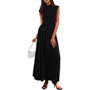 imagePRETTYGARDEN Womens Skirt Sets 2025 Summer Trendy 2 Piece Outfits Sleeveless Ruched Fitted Tops Ruffle Maxi SkirtsBlack