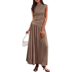 imagePRETTYGARDEN Womens Skirt Sets 2025 Summer Trendy 2 Piece Outfits Sleeveless Ruched Fitted Tops Ruffle Maxi SkirtsKhaki