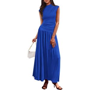 imagePRETTYGARDEN Womens Skirt Sets 2025 Summer Trendy 2 Piece Outfits Sleeveless Ruched Fitted Tops Ruffle Maxi SkirtsRoyal Blue