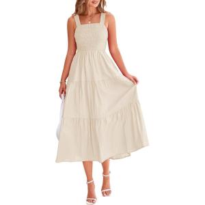 imagePRETTYGARDEN Womens Smocked Midi Dress 2025 Summer Ruffle A Line Long Flowy Dresses Cute Sleeveless Beach SundressApricot