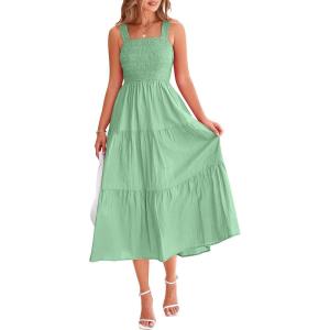 imagePRETTYGARDEN Womens Smocked Midi Dress 2025 Summer Ruffle A Line Long Flowy Dresses Cute Sleeveless Beach SundressBean Green