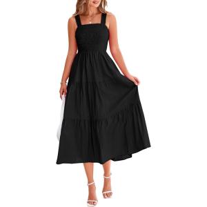 imagePRETTYGARDEN Womens Smocked Midi Dress 2025 Summer Ruffle A Line Long Flowy Dresses Cute Sleeveless Beach SundressBlack