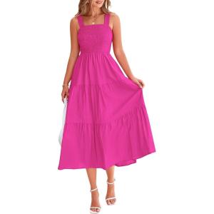 imagePRETTYGARDEN Womens Smocked Midi Dress 2025 Summer Ruffle A Line Long Flowy Dresses Cute Sleeveless Beach SundressRose Red