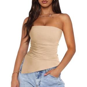 imagePRETTYGARDEN Womens Tube Top 2025 Summer Trendy Strapless Tops Going Out Outfits Ruched Asymmetrical Bandeau ShirtsApricot