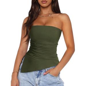 imagePRETTYGARDEN Womens Tube Top 2025 Summer Trendy Strapless Tops Going Out Outfits Ruched Asymmetrical Bandeau ShirtsArmy Green