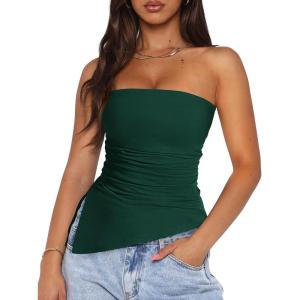 imagePRETTYGARDEN Womens Tube Top 2025 Summer Trendy Strapless Tops Going Out Outfits Ruched Asymmetrical Bandeau ShirtsDark Green