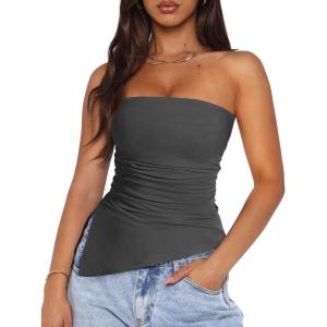imagePRETTYGARDEN Womens Tube Top 2025 Summer Trendy Strapless Tops Going Out Outfits Ruched Asymmetrical Bandeau ShirtsDark Grey