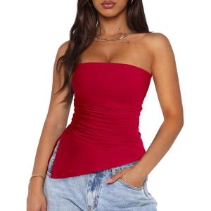 imagePRETTYGARDEN Womens Tube Top 2025 Summer Trendy Strapless Tops Going Out Outfits Ruched Asymmetrical Bandeau ShirtsRed