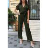 imagePRETTYGARDEN Womens One Piece Jumpsuits Dressy Casual Summer Short Sleeve Wrap V Neck Belted Wide Leg Pants RomperArmy Green