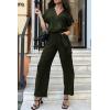 imagePRETTYGARDEN Womens One Piece Jumpsuits Dressy Casual Summer Short Sleeve Wrap V Neck Belted Wide Leg Pants RomperArmy Green