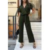 imagePRETTYGARDEN Womens One Piece Jumpsuits Dressy Casual Summer Short Sleeve Wrap V Neck Belted Wide Leg Pants RomperArmy Green