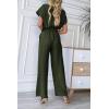 imagePRETTYGARDEN Womens One Piece Jumpsuits Dressy Casual Summer Short Sleeve Wrap V Neck Belted Wide Leg Pants RomperArmy Green