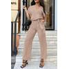 imagePRETTYGARDEN Womens One Piece Jumpsuits Dressy Casual Summer Short Sleeve Wrap V Neck Belted Wide Leg Pants RomperBeige