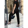 imagePRETTYGARDEN Womens One Piece Jumpsuits Dressy Casual Summer Short Sleeve Wrap V Neck Belted Wide Leg Pants RomperBlack