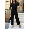 imagePRETTYGARDEN Womens One Piece Jumpsuits Dressy Casual Summer Short Sleeve Wrap V Neck Belted Wide Leg Pants RomperBlack