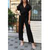 imagePRETTYGARDEN Womens One Piece Jumpsuits Dressy Casual Summer Short Sleeve Wrap V Neck Belted Wide Leg Pants RomperBlack