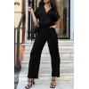 imagePRETTYGARDEN Womens One Piece Jumpsuits Dressy Casual Summer Short Sleeve Wrap V Neck Belted Wide Leg Pants RomperBlack