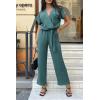 imagePRETTYGARDEN Womens One Piece Jumpsuits Dressy Casual Summer Short Sleeve Wrap V Neck Belted Wide Leg Pants RomperBlue Green