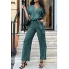 imagePRETTYGARDEN Womens One Piece Jumpsuits Dressy Casual Summer Short Sleeve Wrap V Neck Belted Wide Leg Pants RomperBlue Green