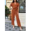 imagePRETTYGARDEN Womens One Piece Jumpsuits Dressy Casual Summer Short Sleeve Wrap V Neck Belted Wide Leg Pants RomperCaramel