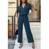 imagePRETTYGARDEN Womens One Piece Jumpsuits Dressy Casual Summer Short Sleeve Wrap V Neck Belted Wide Leg Pants RomperDark Blue