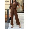 imagePRETTYGARDEN Womens One Piece Jumpsuits Dressy Casual Summer Short Sleeve Wrap V Neck Belted Wide Leg Pants RomperDark Brown