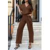 imagePRETTYGARDEN Womens One Piece Jumpsuits Dressy Casual Summer Short Sleeve Wrap V Neck Belted Wide Leg Pants RomperDark Brown