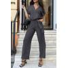 imagePRETTYGARDEN Womens One Piece Jumpsuits Dressy Casual Summer Short Sleeve Wrap V Neck Belted Wide Leg Pants RomperDark Grey