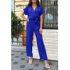imagePRETTYGARDEN Womens One Piece Jumpsuits Dressy Casual Summer Short Sleeve Wrap V Neck Belted Wide Leg Pants RomperDark Royal Blue