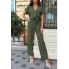 imagePRETTYGARDEN Womens One Piece Jumpsuits Dressy Casual Summer Short Sleeve Wrap V Neck Belted Wide Leg Pants RomperLight Army Green
