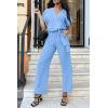 imagePRETTYGARDEN Womens One Piece Jumpsuits Dressy Casual Summer Short Sleeve Wrap V Neck Belted Wide Leg Pants RomperLight Blue