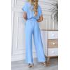 imagePRETTYGARDEN Womens One Piece Jumpsuits Dressy Casual Summer Short Sleeve Wrap V Neck Belted Wide Leg Pants RomperLight Blue