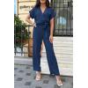 imagePRETTYGARDEN Womens One Piece Jumpsuits Dressy Casual Summer Short Sleeve Wrap V Neck Belted Wide Leg Pants RomperNavy