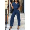 imagePRETTYGARDEN Womens One Piece Jumpsuits Dressy Casual Summer Short Sleeve Wrap V Neck Belted Wide Leg Pants RomperNavy